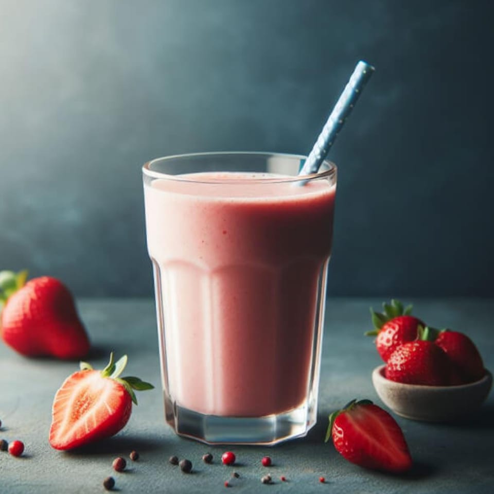 A glass of pink strawberry smoothie with a blue straw, surrounded by fresh strawberries.