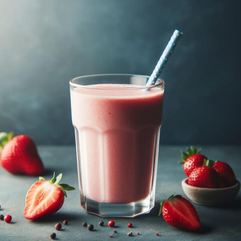 A glass of pink strawberry smoothie with a blue straw, surrounded by fresh strawberries.