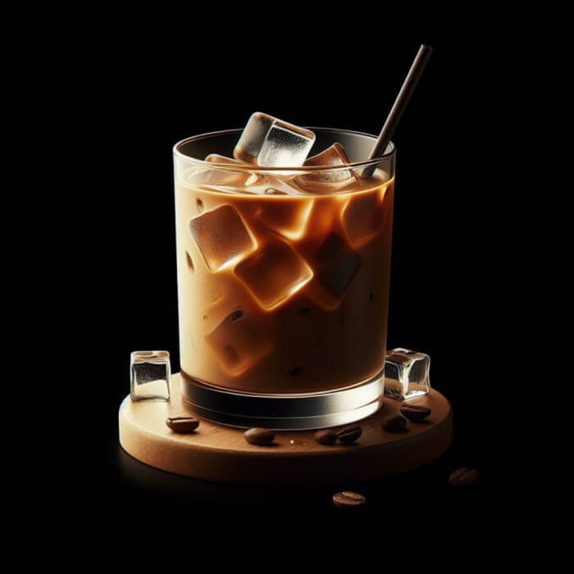 Iced coffee in a glass with a straw, ice cubes, and coffee beans on a wooden coaster.