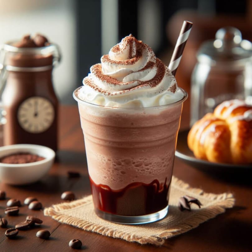 A chocolate milkshake with whipped cream and cocoa powder, a striped straw, and coffee beans on a wooden table.